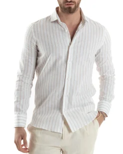Camicia Uomo Collo Francese Lino Riga Stretta Beige C2750A