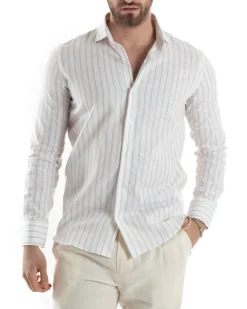 Camicia Uomo Collo Francese Lino Riga Stretta Beige C2750A