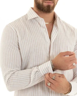 Camicia Uomo Collo Francese Sartoriale Lino Rigata Stretta Beige C2689A