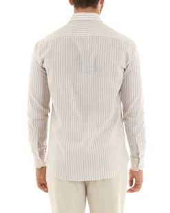 Camicia Uomo Collo Francese Sartoriale Lino Rigata Stretta Beige C2689A
