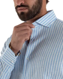 Camicia uomo collo francese sartoriale lino rigata stretta celeste GIOSAL-C3085A