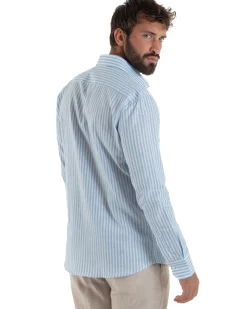 Camicia uomo collo francese sartoriale lino rigata stretta celeste GIOSAL-C3085A