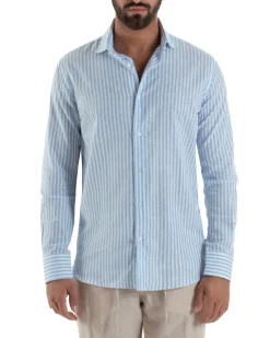 Camicia uomo collo francese sartoriale lino rigata stretta celeste GIOSAL-C3085A