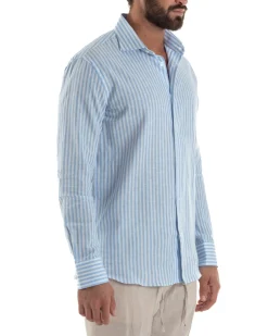 Camicia uomo collo francese sartoriale lino rigata stretta celeste GIOSAL-C3085A