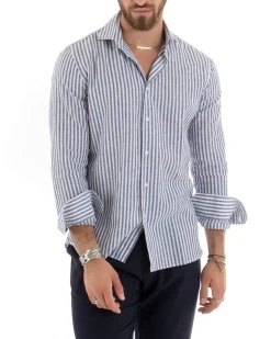 Camicia Uomo Collo Francese Sartoriale Lino Rigata Stretta Blu C2688A