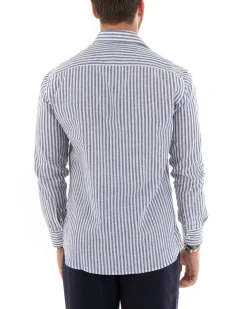 Camicia Uomo Collo Francese Sartoriale Lino Rigata Stretta Blu C2688A