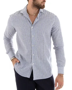 Camicia Uomo Collo Francese Sartoriale Lino Rigata Stretta Blu C2688A