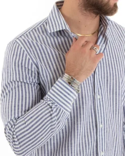Camicia Uomo Collo Francese Sartoriale Lino Rigata Stretta Blu C2688A