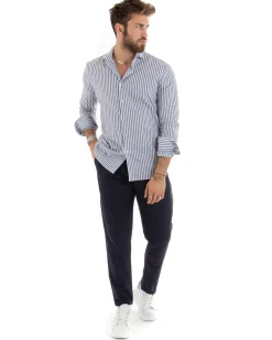 Camicia Uomo Collo Francese Sartoriale Lino Rigata Stretta Blu C2688A
