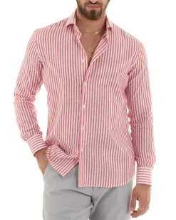 Camicia Uomo Collo Francese Sartoriale Lino Rigata Stretta Rosso C2690A