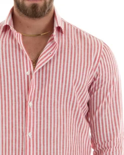 Camicia Uomo Collo Francese Sartoriale Lino Rigata Stretta Rosso C2690A