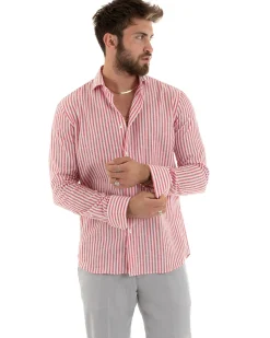 Camicia Uomo Collo Francese Sartoriale Lino Rigata Stretta Rosso C2690A