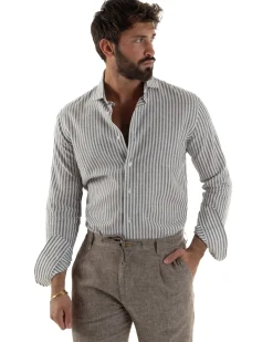 Camicia uomo collo francese sartoriale lino rigata stretta marrone GIOSAL-C3086A