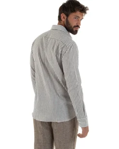 Camicia uomo collo francese sartoriale lino rigata stretta marrone GIOSAL-C3086A