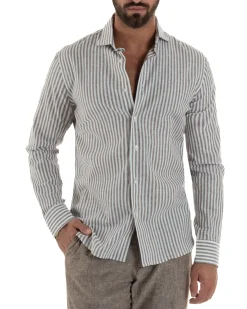 Camicia uomo collo francese sartoriale lino rigata stretta marrone GIOSAL-C3086A
