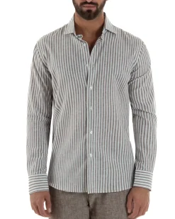 Camicia uomo collo francese sartoriale lino rigata stretta marrone GIOSAL-C3086A