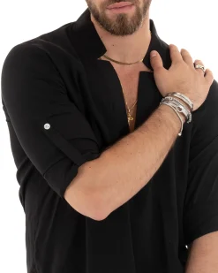 Camicia Uomo Collo V Maniche Lunghe Viscosa Morbida Leggera Nero GIOSAL-C2694A