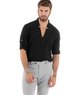 Camicia Uomo Collo V Maniche Lunghe Viscosa Morbida Leggera Nero GIOSAL-C2694A