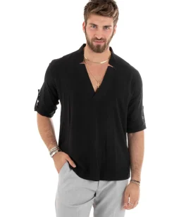 Camicia Uomo Collo V Maniche Lunghe Viscosa Morbida Leggera Nero GIOSAL-C2694A
