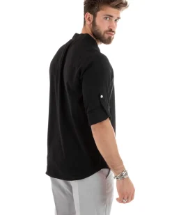 Camicia Uomo Collo V Maniche Lunghe Viscosa Morbida Leggera Nero GIOSAL-C2694A