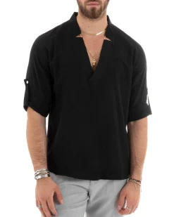 Camicia Uomo Collo V Maniche Lunghe Viscosa Morbida Leggera Nero GIOSAL-C2694A