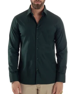 Camicia Uomo Con Colletto Francese Cotone Basic Sartoriale Slim Fit Verde Bottiglia C2946A