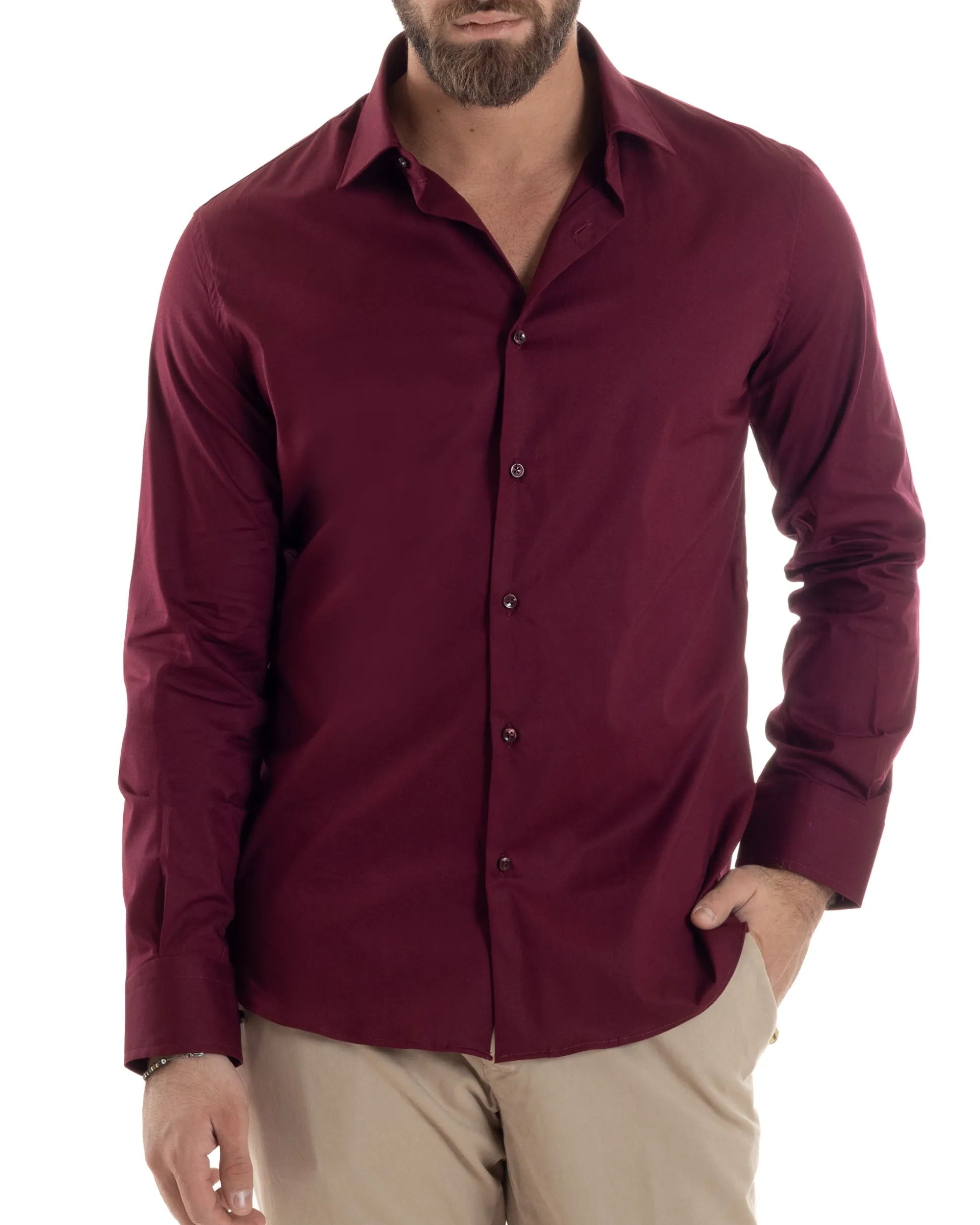 Camicia Uomo Con Colletto Francese Cotone Basic Sartoriale Slim Fit Bordeaux C2945A