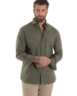 Camicia Uomo Con Colletto Francese Cotone Basic Sartoriale Slim Fit Verde Militare C2941A