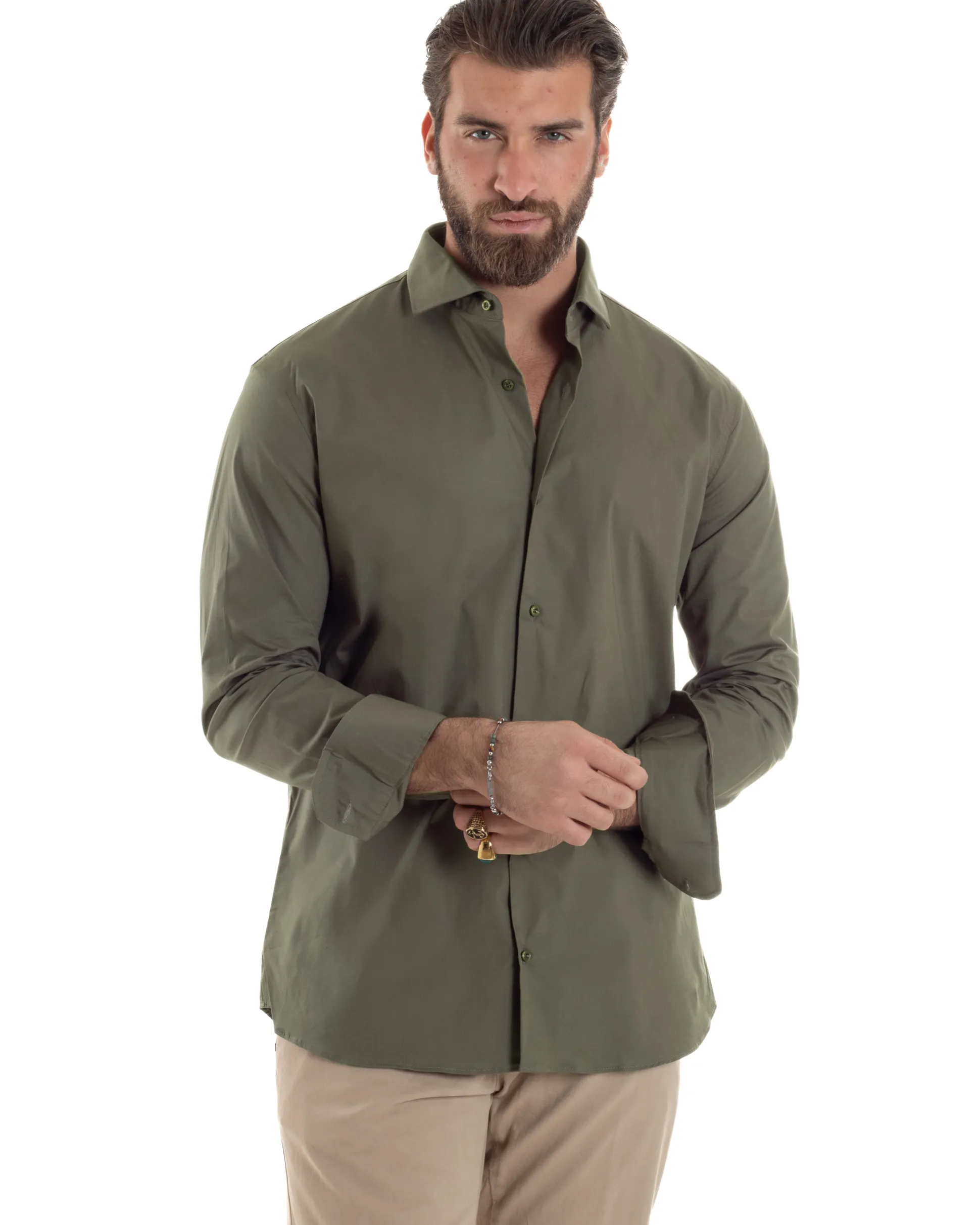 Camicia Uomo Con Colletto Francese Cotone Basic Sartoriale Slim Fit Verde Militare C2941A