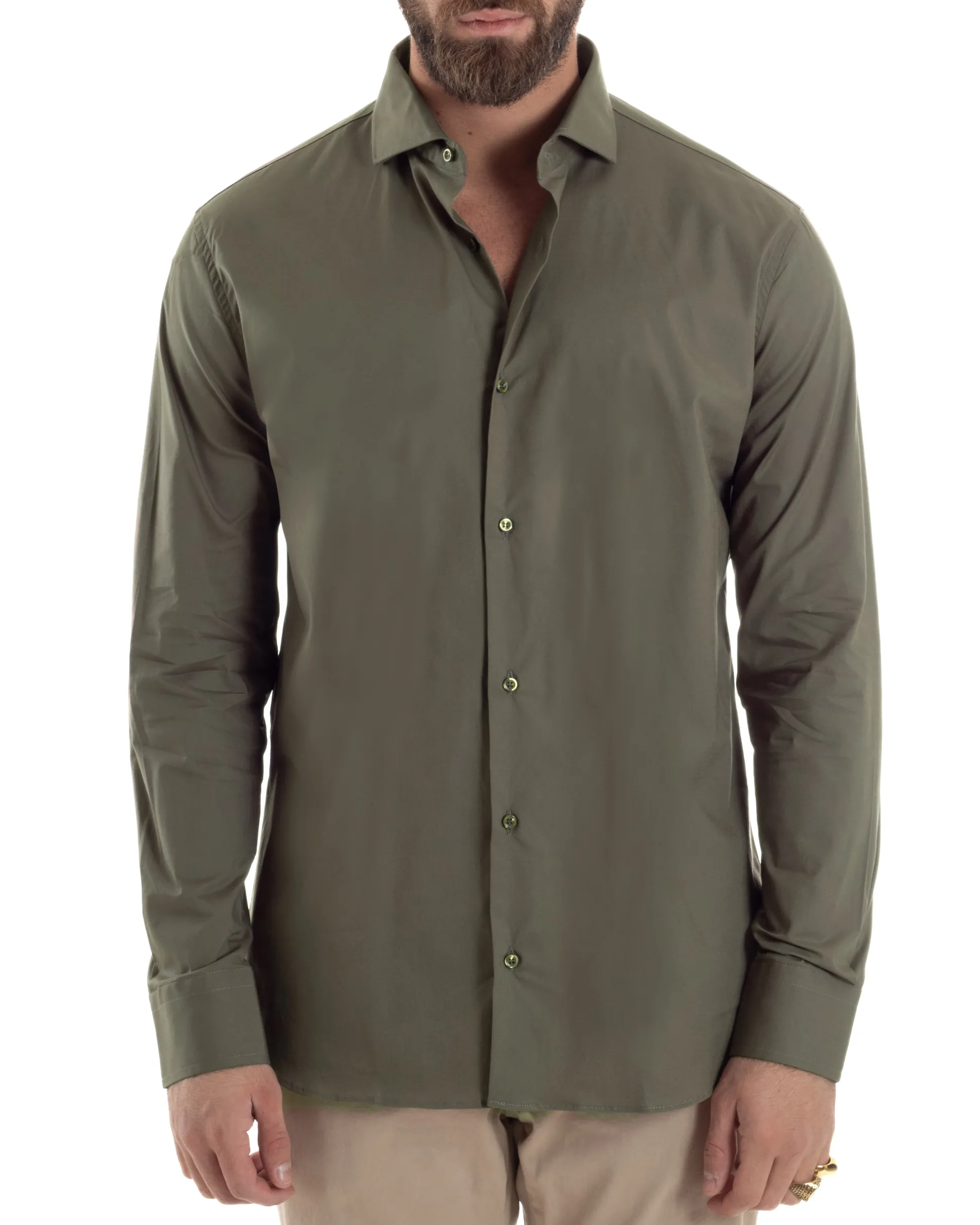 Camicia Uomo Con Colletto Francese Cotone Basic Sartoriale Slim Fit Verde Militare C2941A