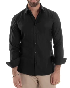 Camicia Uomo Con Colletto Francese Cotone Basic Sartoriale Slim Fit Nero C2942A