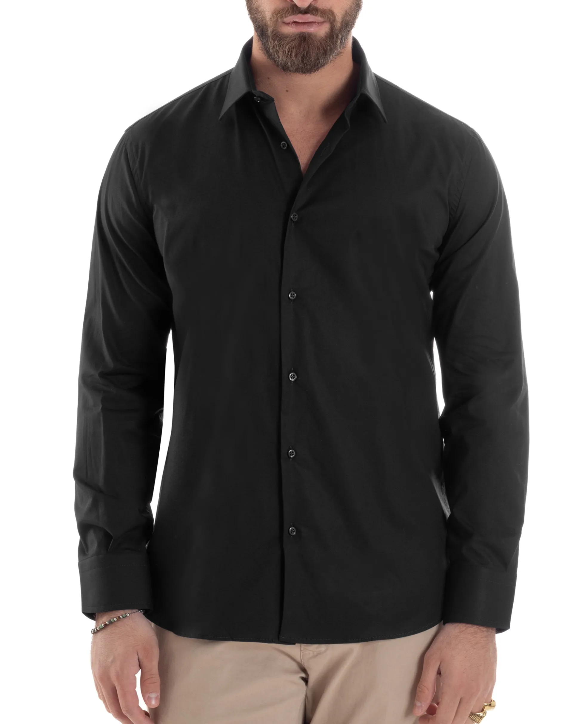 Camicia Uomo Con Colletto Francese Cotone Basic Sartoriale Slim Fit Nero C2942A
