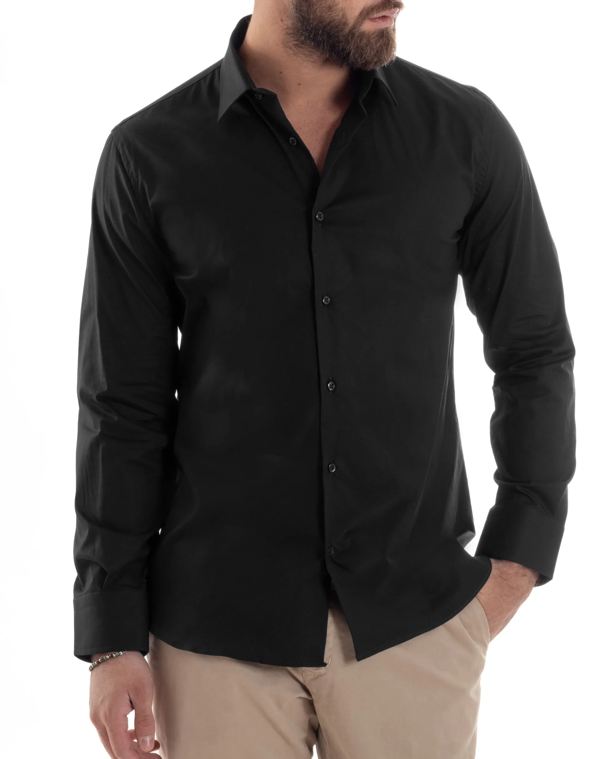 Camicia Uomo Con Colletto Francese Cotone Basic Sartoriale Slim Fit Nero C2942A