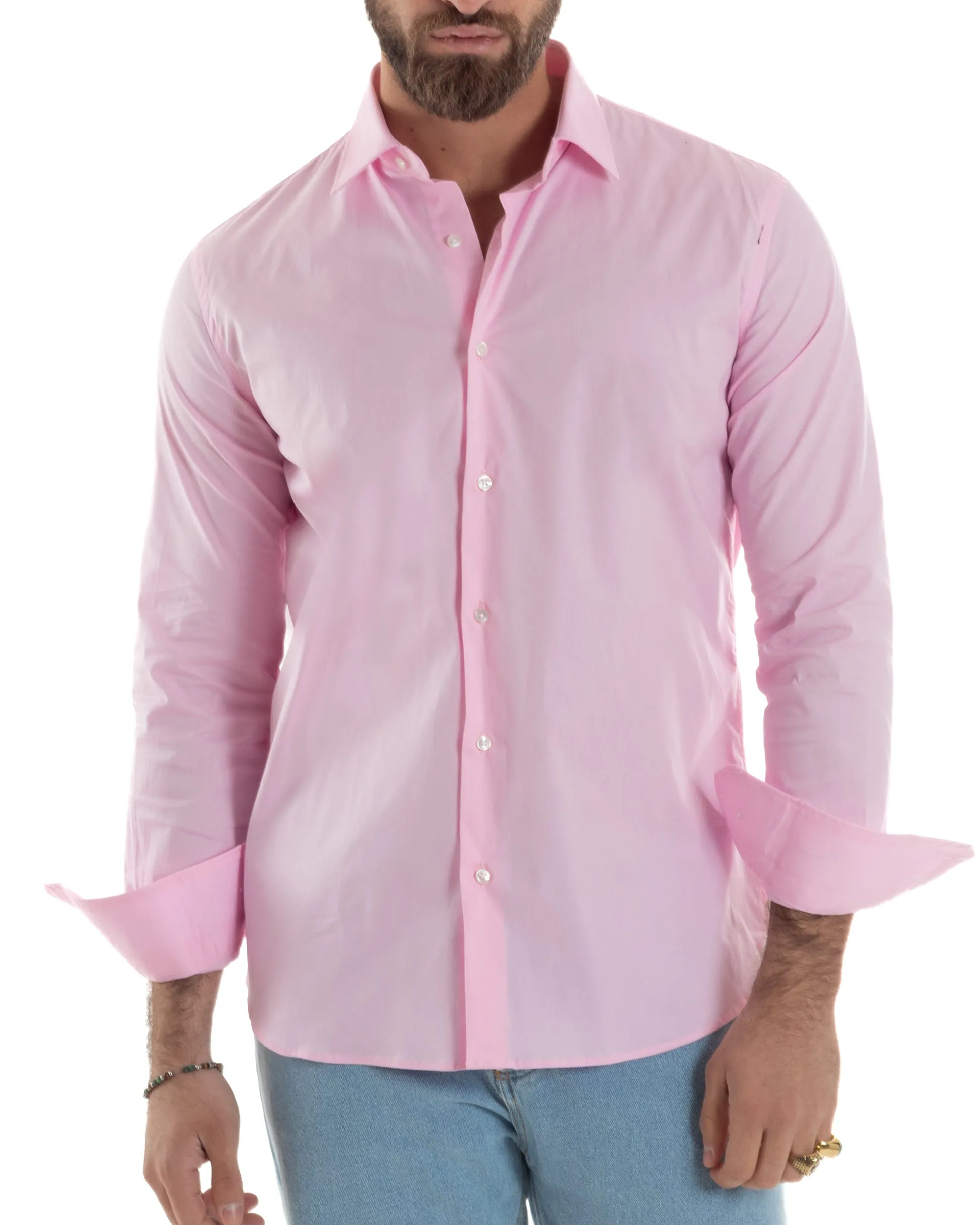 Camicia Uomo Con Colletto Francese Cotone Basic Sartoriale Slim Fit Rosa C2943A