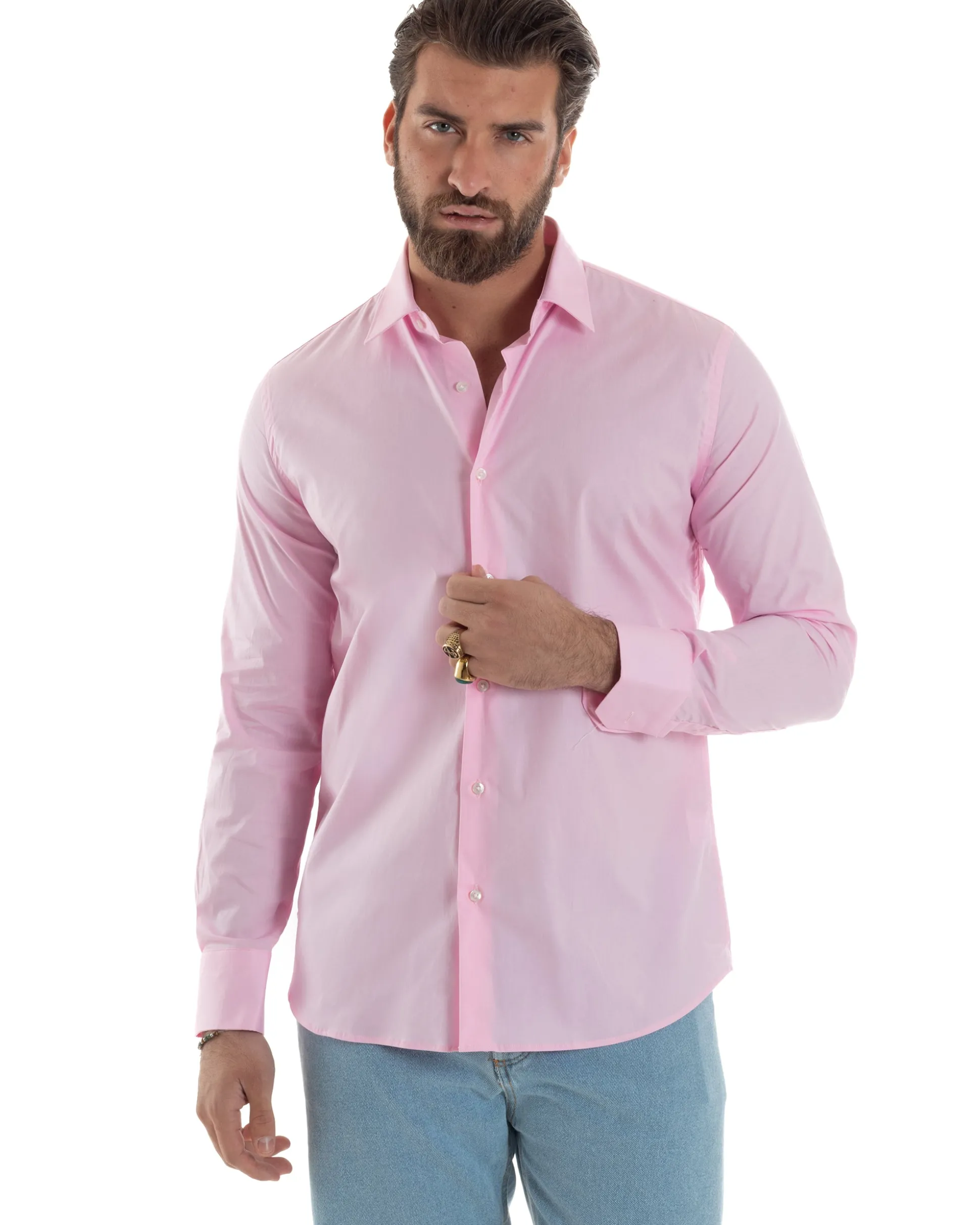 Camicia Uomo Con Colletto Francese Cotone Basic Sartoriale Slim Fit Rosa C2943A