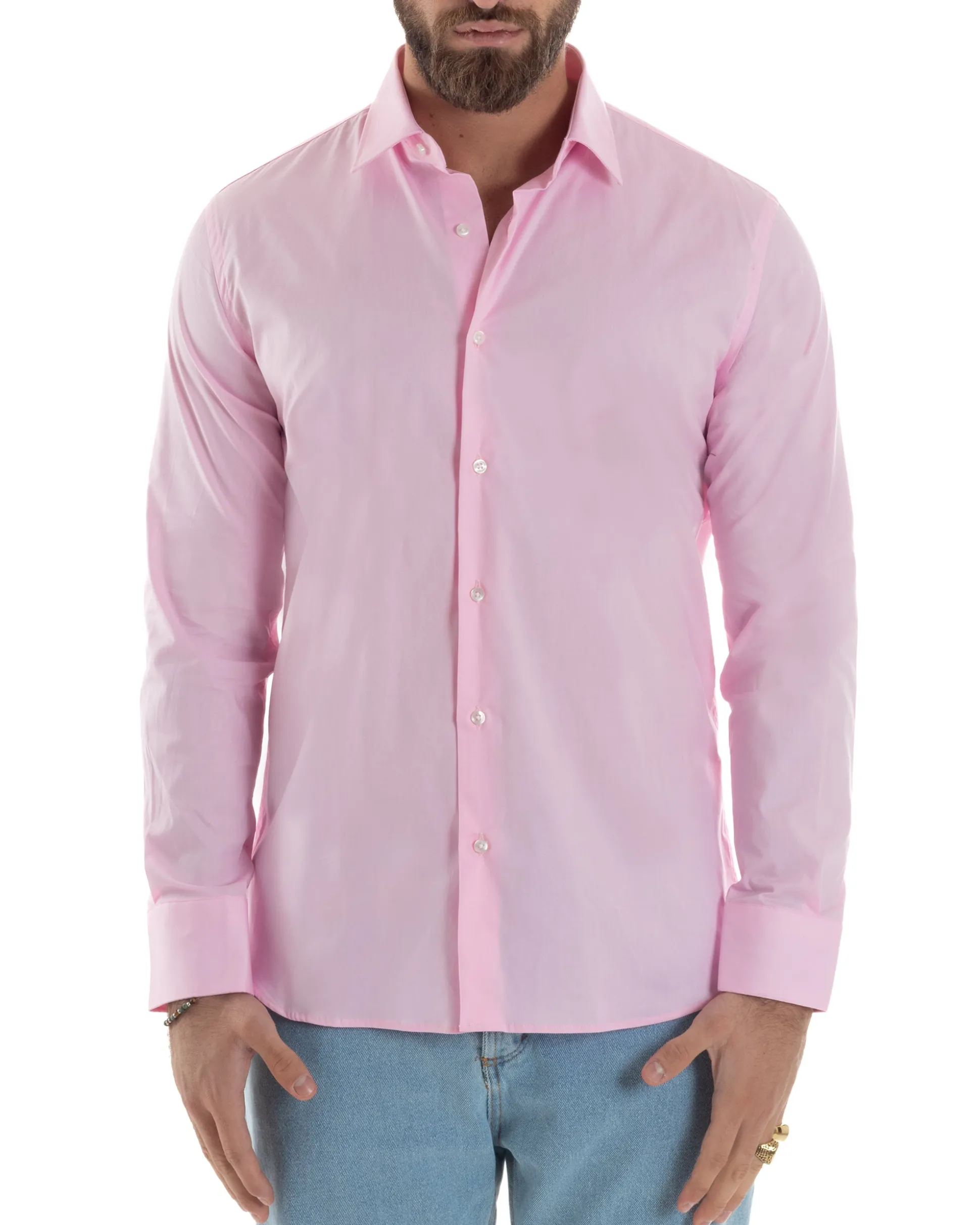 Camicia Uomo Con Colletto Francese Cotone Basic Sartoriale Slim Fit Rosa C2943A