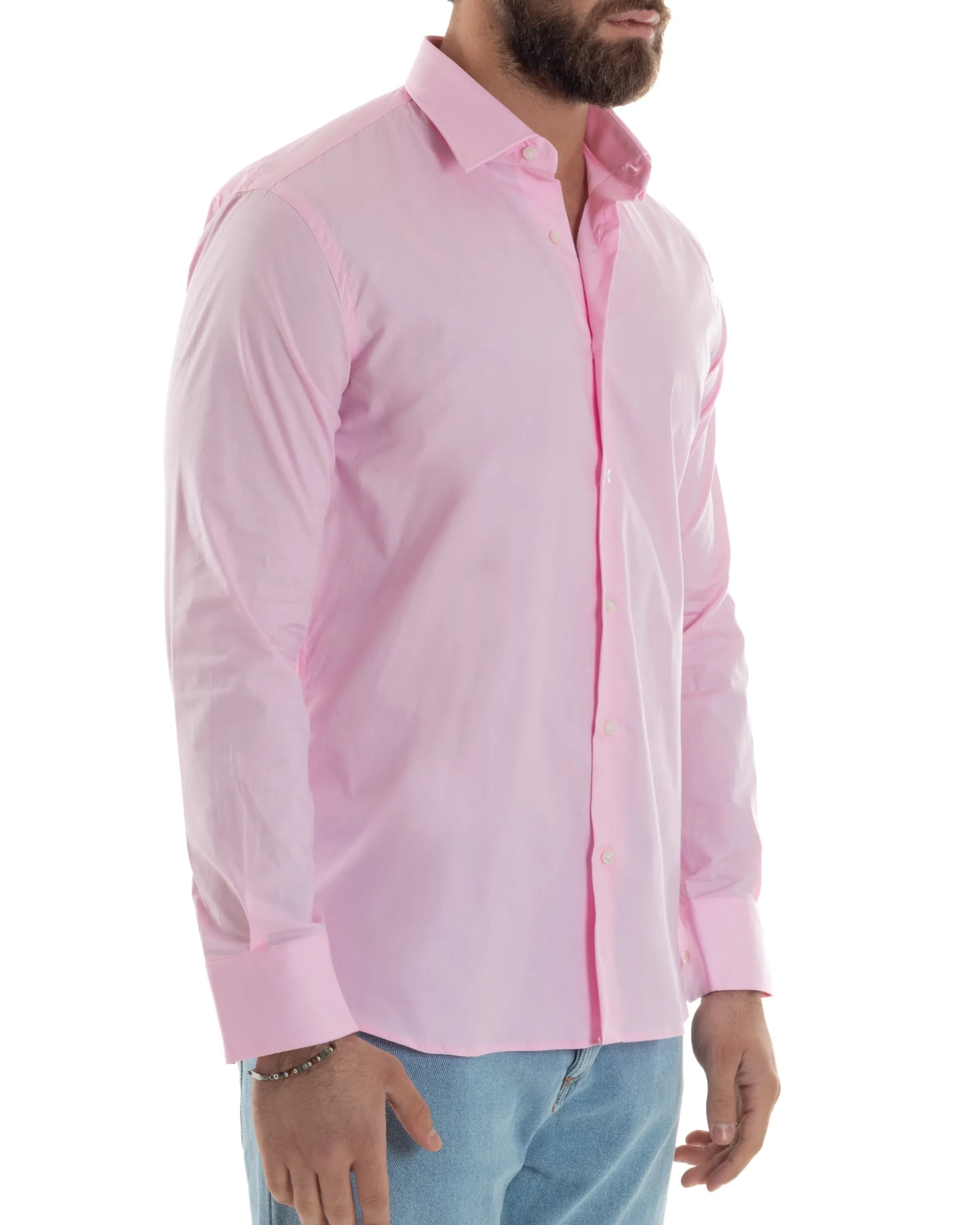 Camicia Uomo Con Colletto Francese Cotone Basic Sartoriale Slim Fit Rosa C2943A