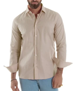 Camicia Uomo Con Colletto Francese Cotone Basic Sartoriale Slim Fit Beige C2947A