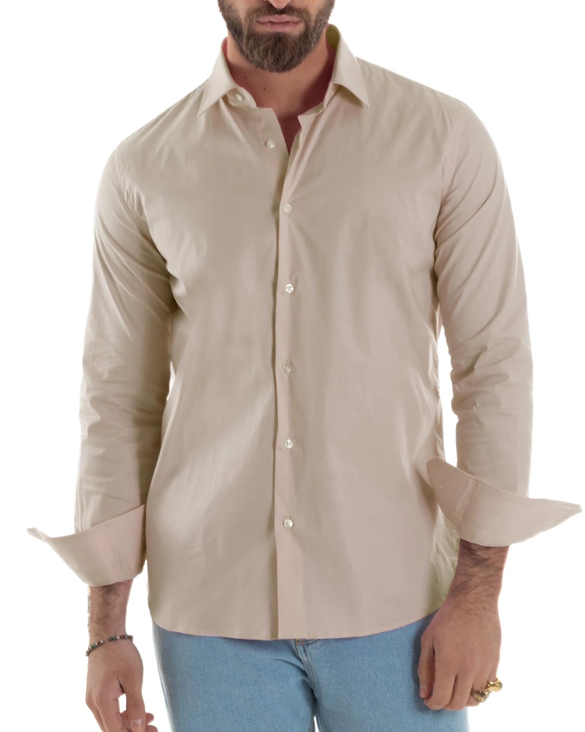 Camicia Uomo Con Colletto Francese Cotone Basic Sartoriale Slim Fit Beige C2947A