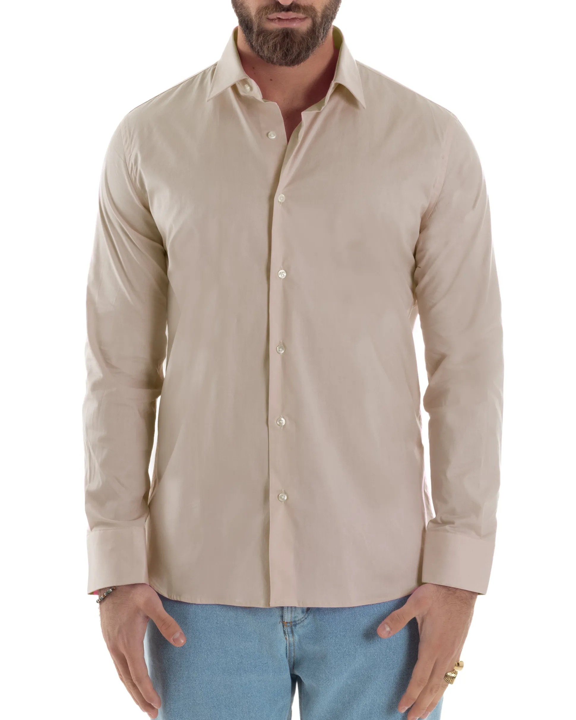 Camicia Uomo Con Colletto Francese Cotone Basic Sartoriale Slim Fit Beige C2947A