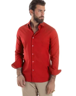 Camicia Uomo Con Colletto Francese Cotone Basic Sartoriale Slim Fit Rosso C2940A