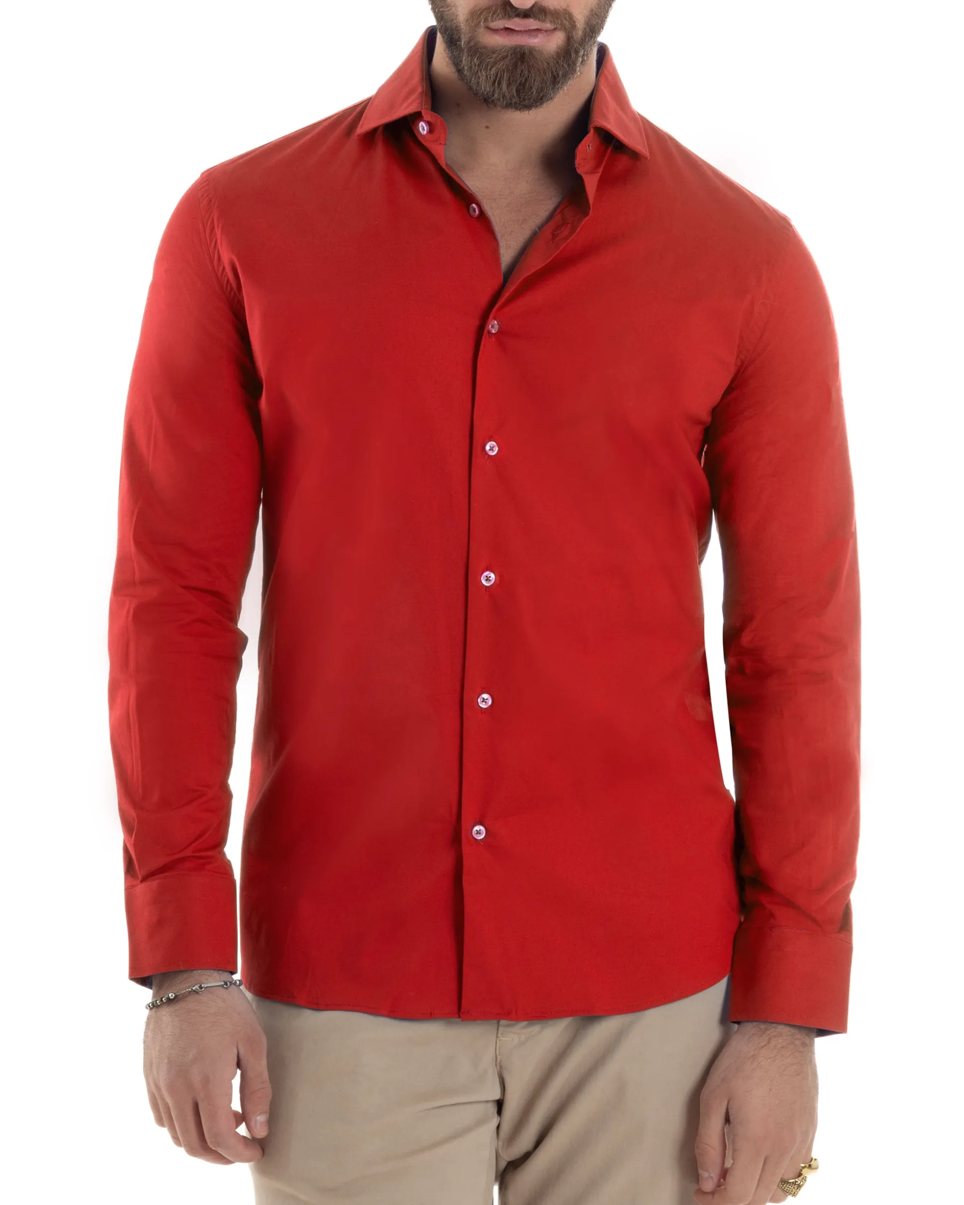 Camicia Uomo Con Colletto Francese Cotone Basic Sartoriale Slim Fit Rosso C2940A