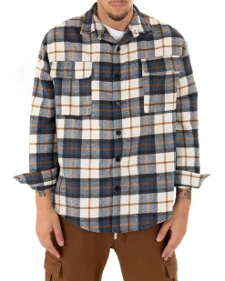 Camicia Uomo Con Colletto Giacca Camicione Manica Lunga Fantasia Quadri Blu GIOSAL-C2303A