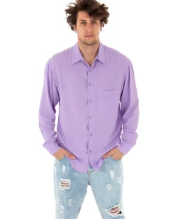 Camicia Uomo Con Colletto Manica Lunga Viscosa Lilla Oversize Tinta Unita GIOSAL-C1910A