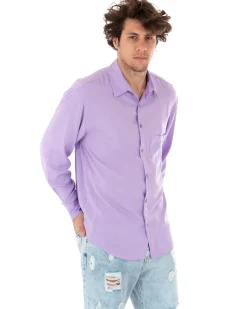 Camicia Uomo Con Colletto Manica Lunga Viscosa Lilla Oversize Tinta Unita GIOSAL-C1910A