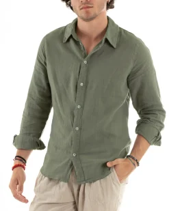 Camicia Uomo Con Colletto Slim Fit Lino Tinta Unita Maniche Lunghe Verde GIOSAL-C2897A