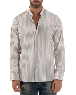 Camicia Uomo Cotone Collo Coreano Fantasia Righe Beige C3015A