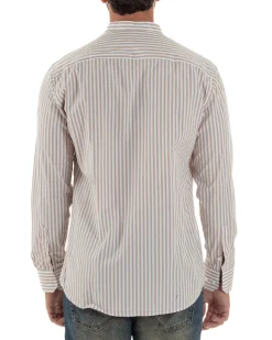 Camicia Uomo Cotone Collo Coreano Fantasia Righe Beige C3015A