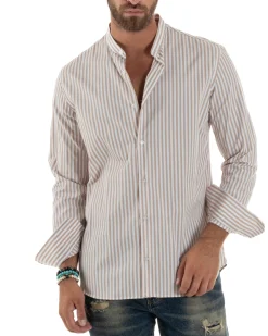 Camicia Uomo Cotone Collo Coreano Fantasia Righe Beige C3015A