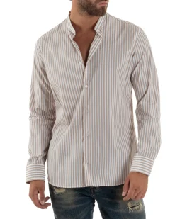 Camicia Uomo Cotone Collo Coreano Fantasia Righe Beige C3015A